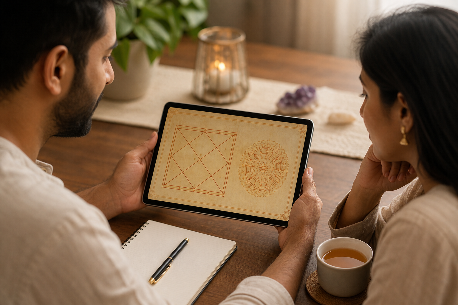 closing visual of couple reading charts calmly