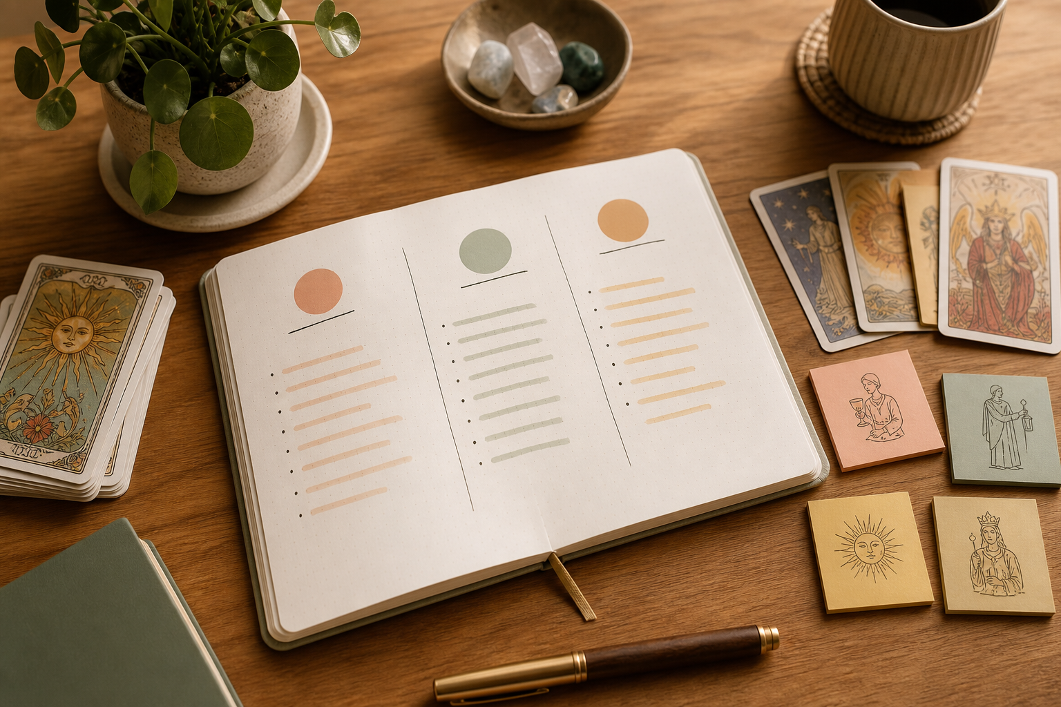 career planning journal with tarot cards and calendar