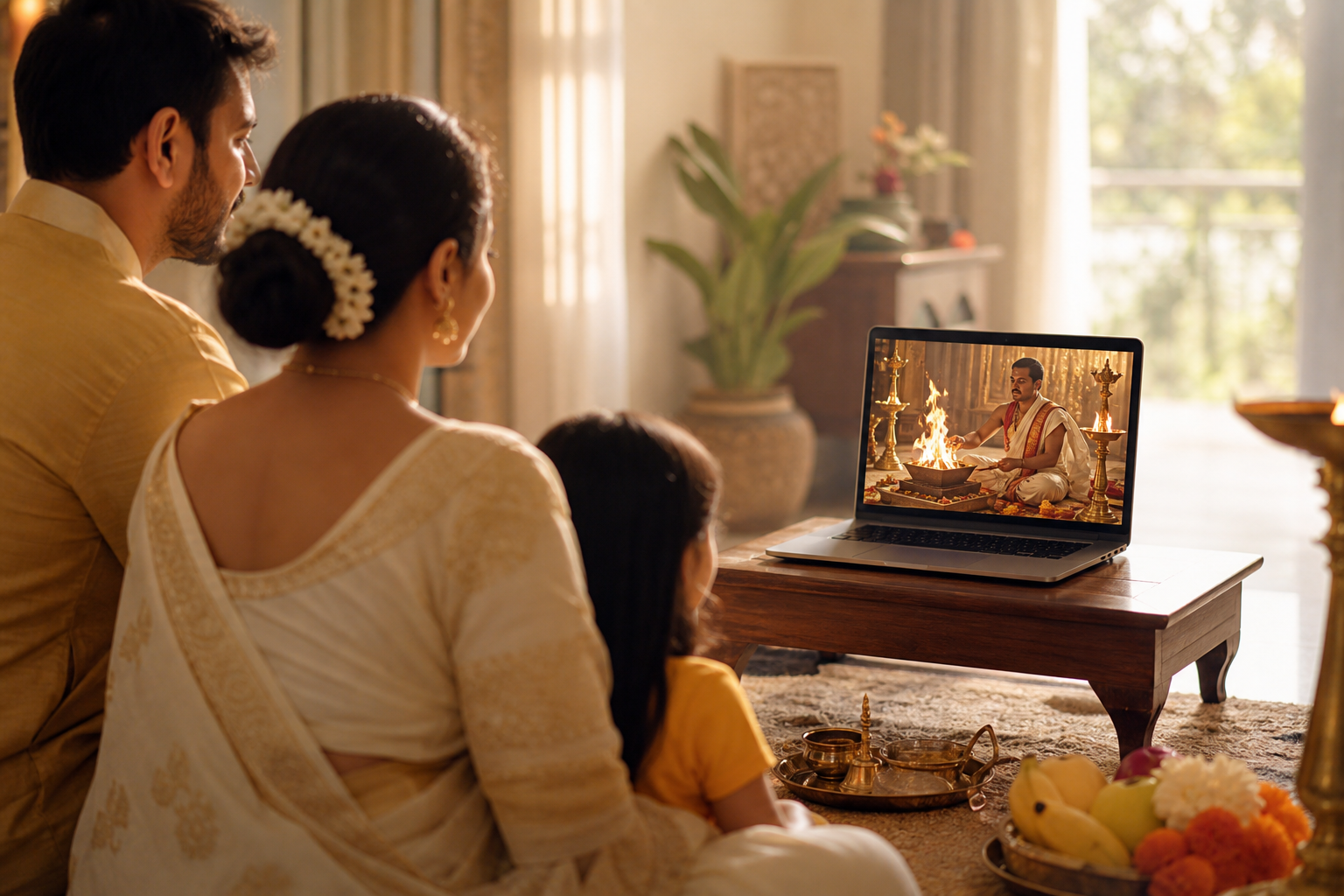 Family attending live-streamed Vedic pooja at home with diya, kalash, and laptop screen showing pandit