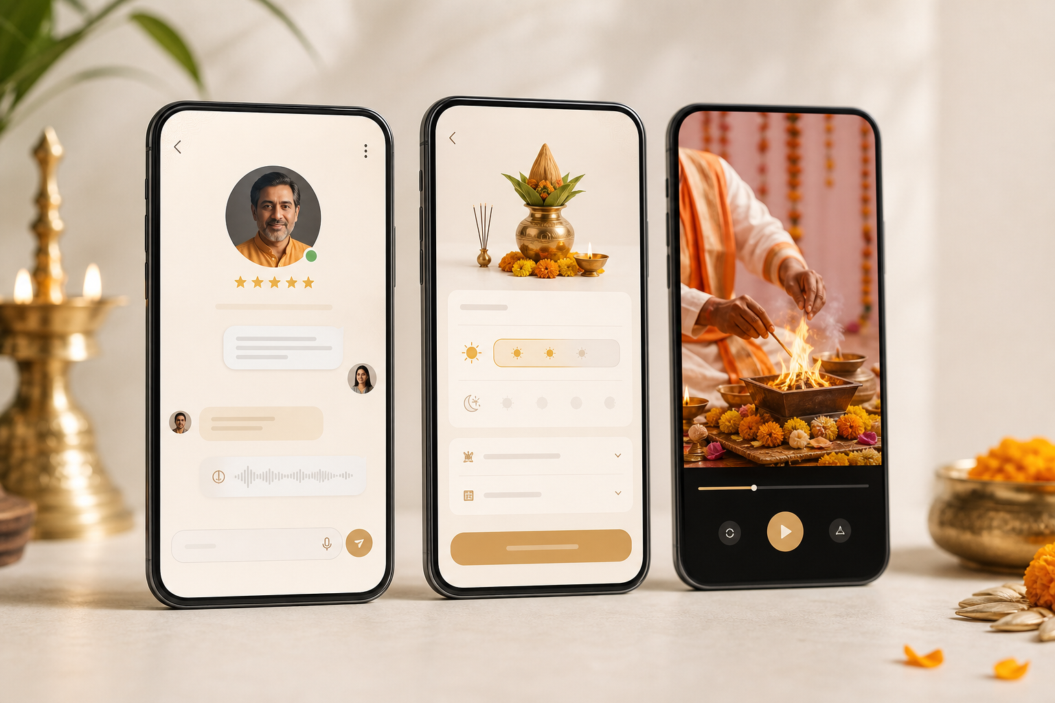 Astrolive app screen showing live session, Book a Pooja option, and chat interface with verified astrologer profile and ratings