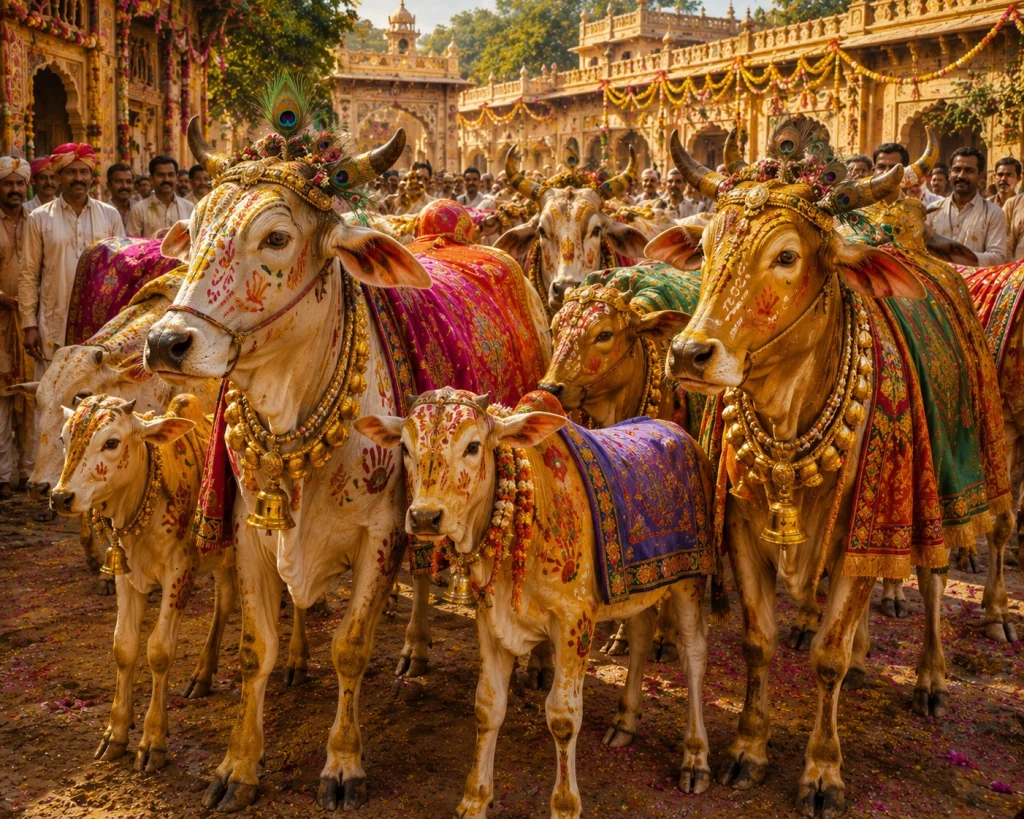 The cows, bulls, and calves were decorated with turmeric, colorful minerals, peacock feathers, beautiful cloth, garlands, and gold ornaments,