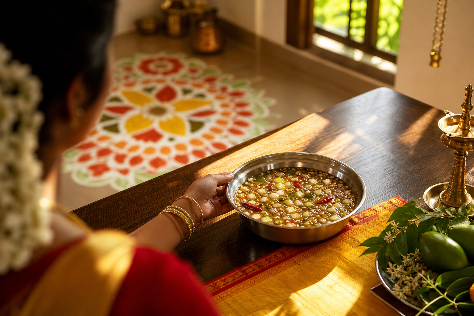 your complete guide ugadi hero. Ugadi Pachadi bowl, mango leaf toran, copper kalash, diya, and rangoli in soft morning light