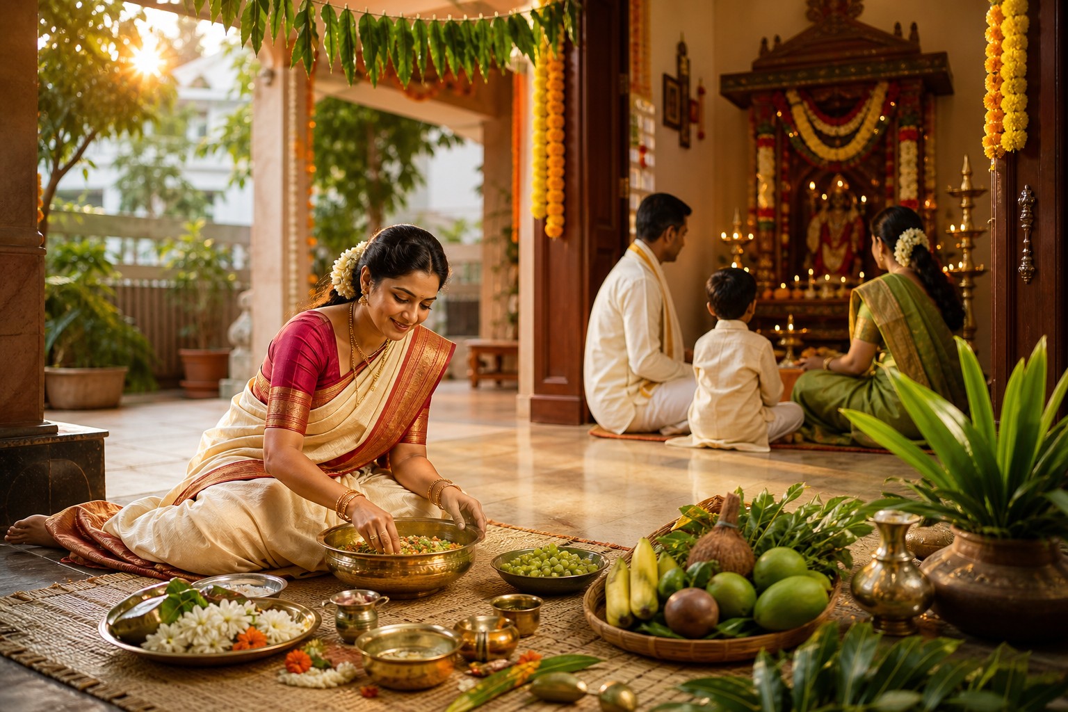 Ugadi rituals step-by-step, oil bath, mango toran, Pachadi prep, family listening to Panchanga, temple visit, new clothes